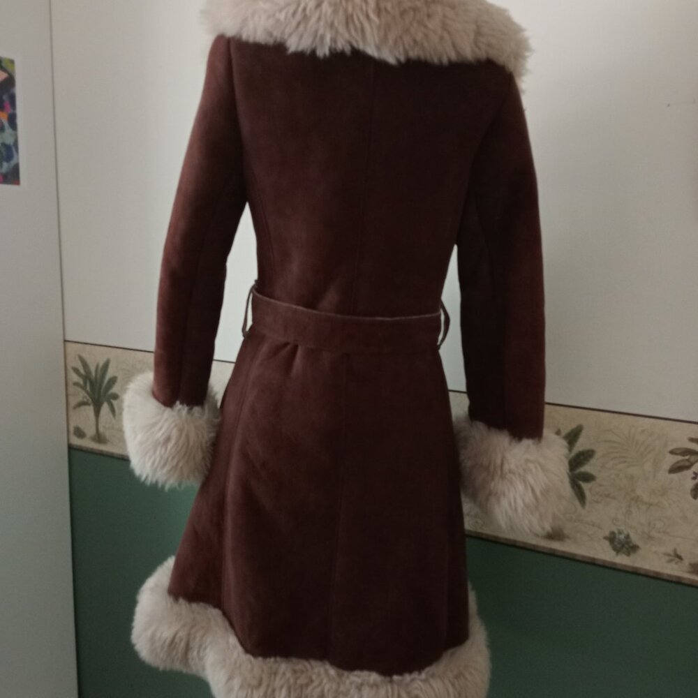 True Vintage 60s 70s Penny Lane Faux Suede Fur Princess Coat Brown - Picture 2 of 6